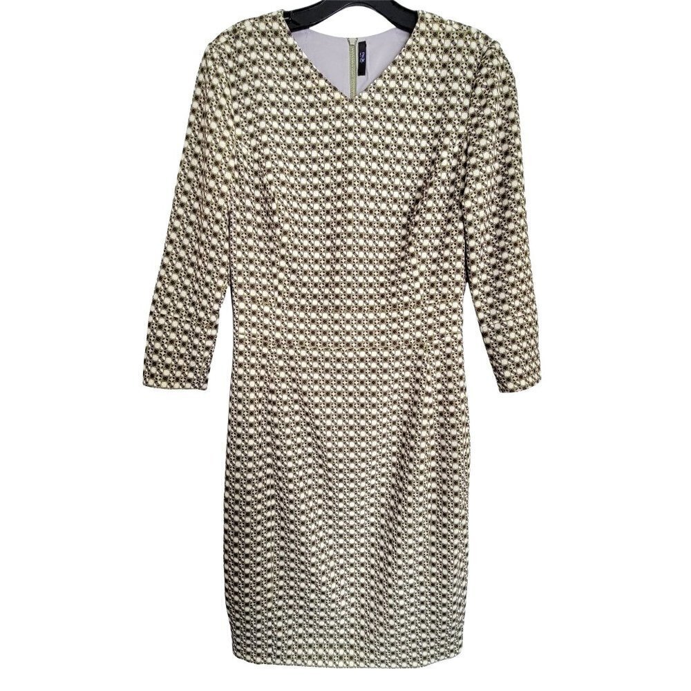 Piol New York Geometric Box Print V Neck Long Sleeve Green Zip Dress Size Medium